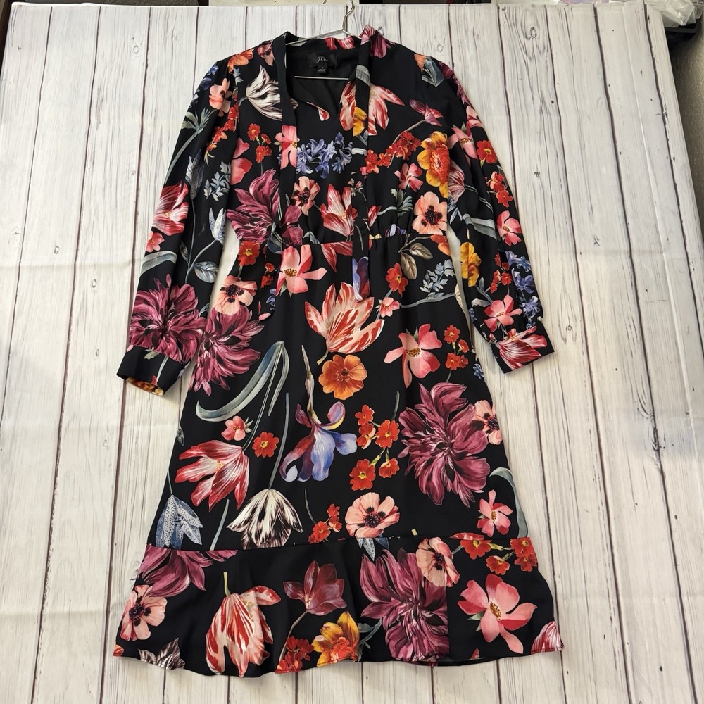 J.crew Tie-Neck Midi Dress Long Sleeve Midnight Dutch Floral Fit & Flare Size 6